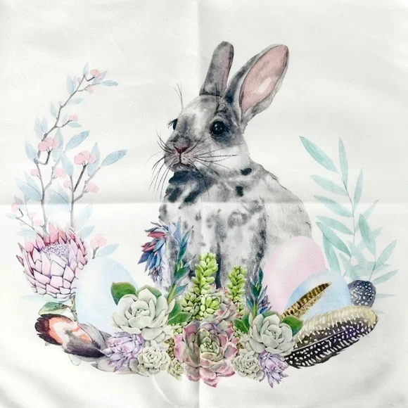 E Pillow Cover 18” Bunny Rabbit Succulents Feathers - Picture 1 of 5